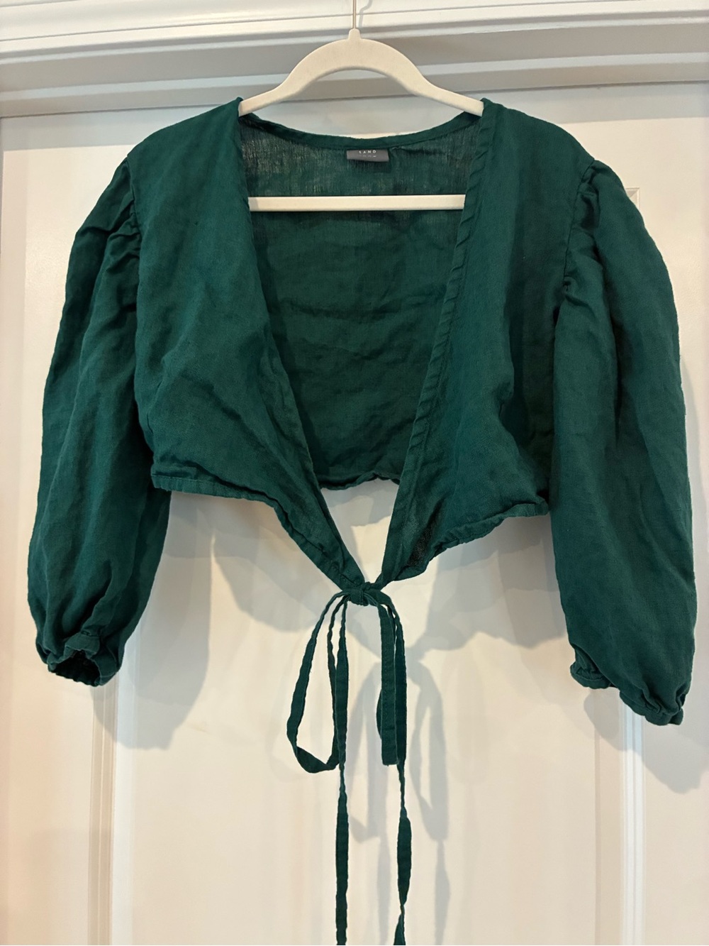 Sand Snow linen Tie-Front Puff Sleeve Crop Top - Deep Green - Picture 3 of 6